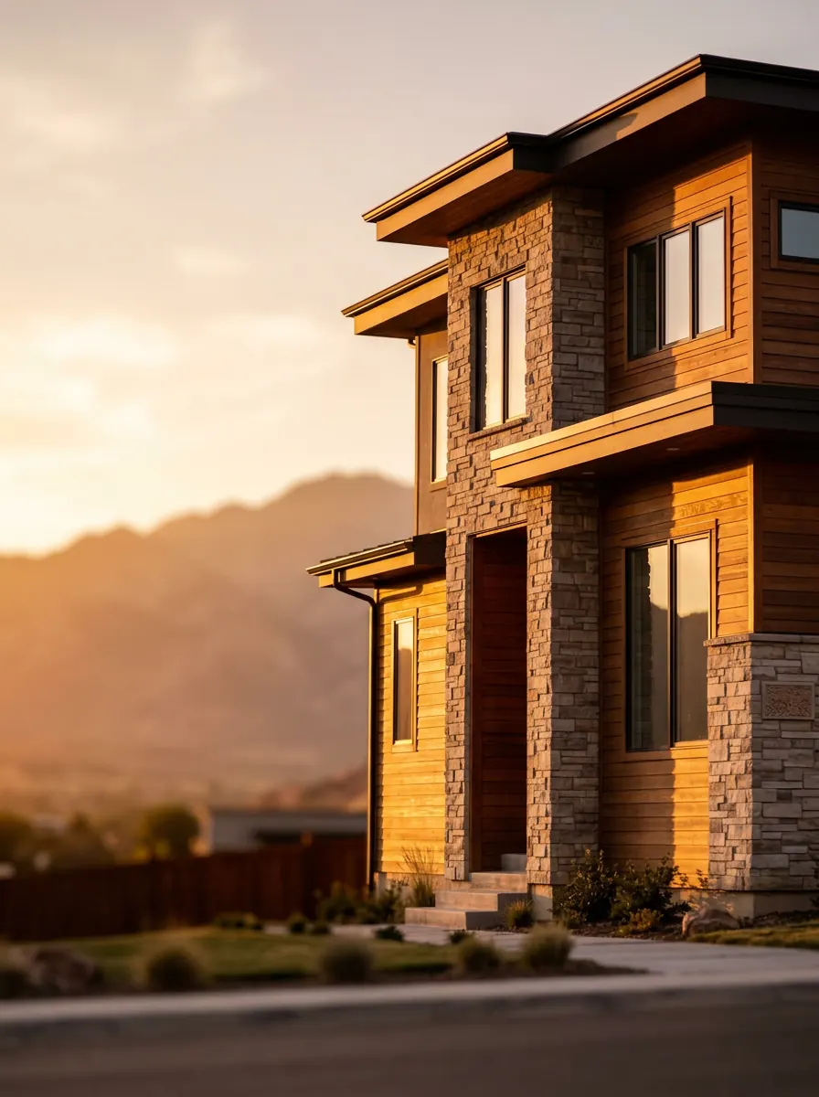 Custom Utah home built by NextStep Builders, golden hour with mountain backdrop